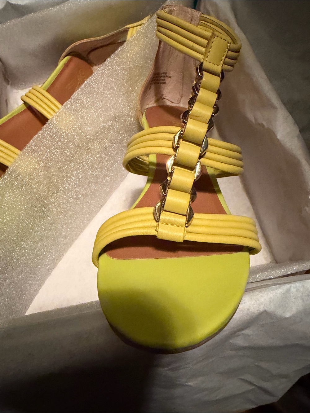 Seychelles Yellow Strappy Sandals with Gold Chain Detail